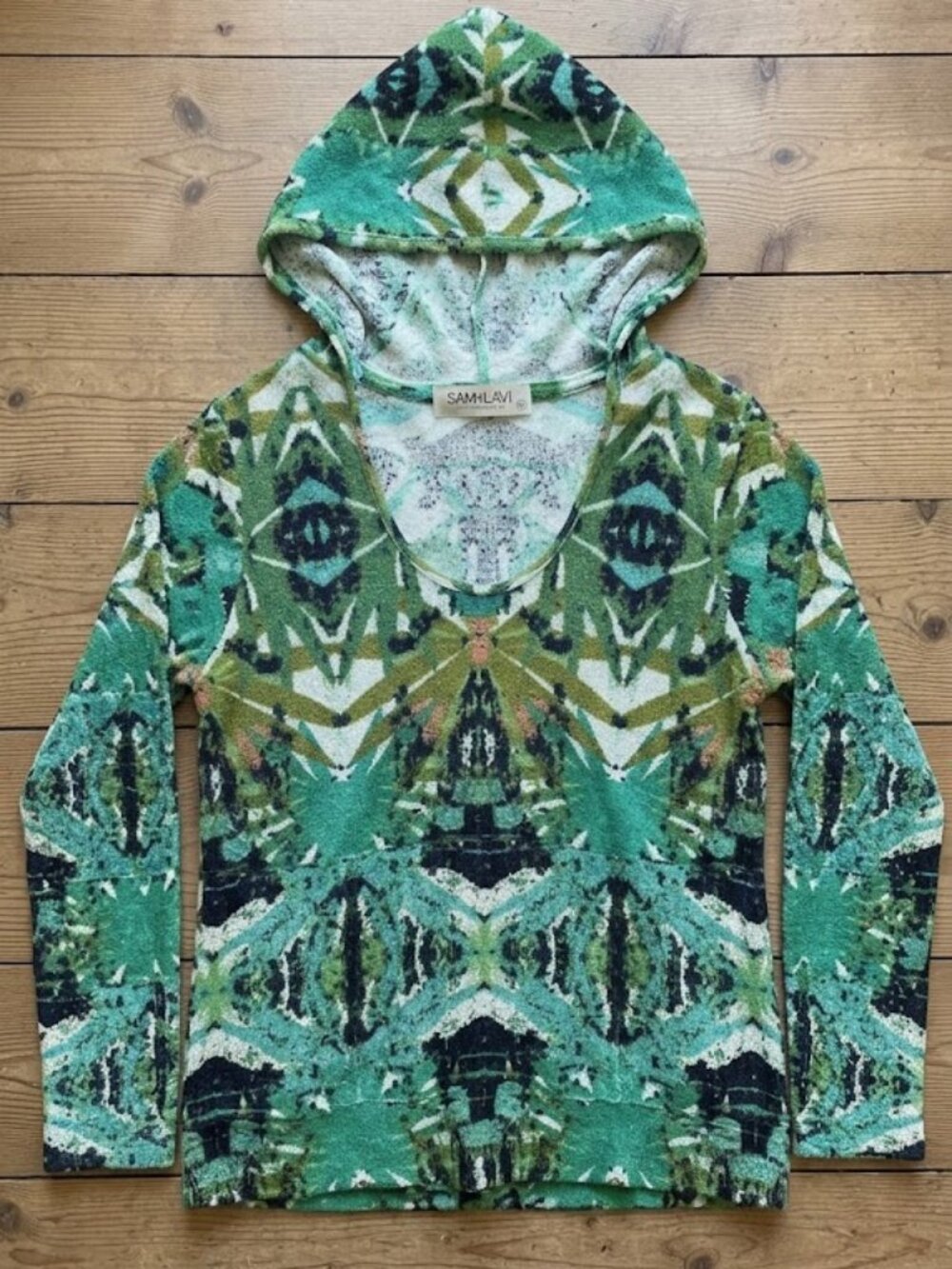 Boho Geometric Terry Cloth Knit Hoodie Green Abstract Long Sleeve Sweater Medium